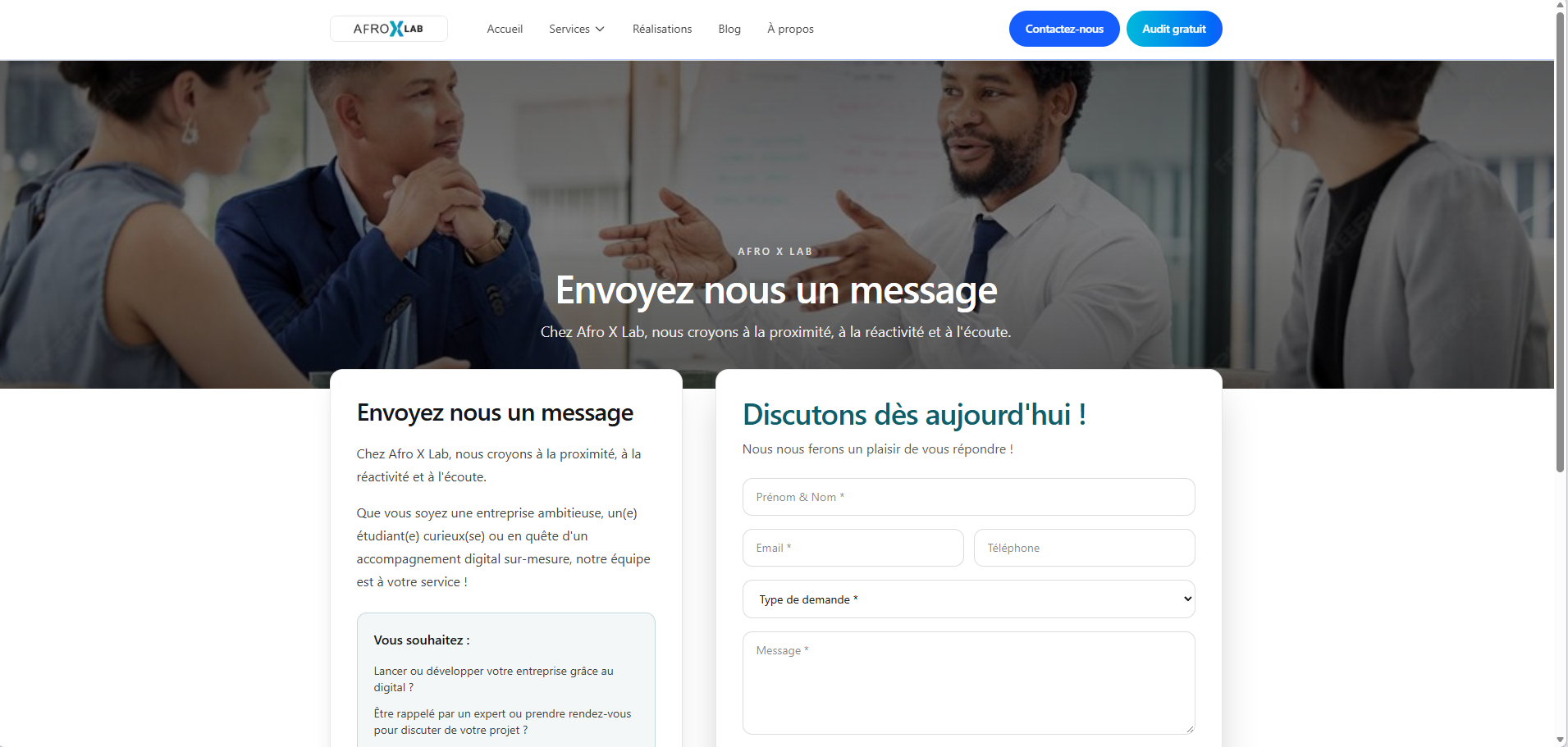 Page de contact Afro X Lab